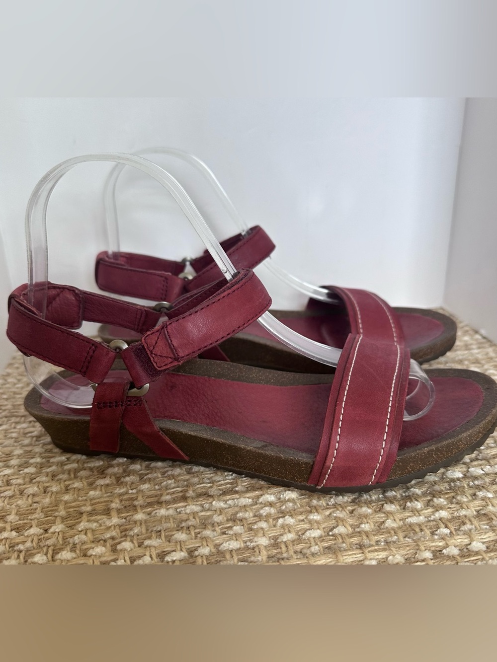 TEVA womens 8 Ysidro Stitch Leather Cork Wedge SANDALS Travel Comfort BRICK Red